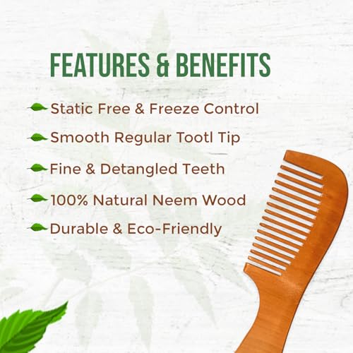 Image of COMBELLE Premium Neem Wood Comb - Eco-Friendly, Oil-Treated Anti-Hairfall & Frizz Control Comb for Men, Women, & Kids - Natural Wooden Comb for Healthy Hair, Dandruff Control, and Scalp Massage (NEEM COMB-3)
