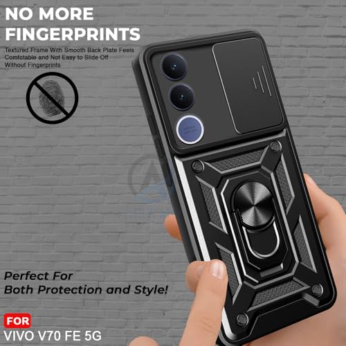Image of AESTMO Tough Armor VIvo V70 FE 5G Bumper Back Case Cover | Ring Holder & Sliding Camera Shield Cover | 360 Degree Protection Back Case Cover for VIvo V70 FE 5G (Black)