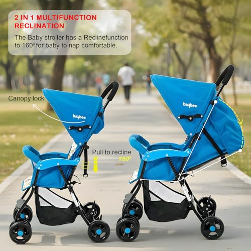 Image of Baybee Stroller Baby for Boy & Girl 0 to 3 Years | Foldable Strollers with Canopy, Parent Handle, 2-Position Adjustable Seat, 2-Point Safety Belt | Travel Pram for Kids (Blue)