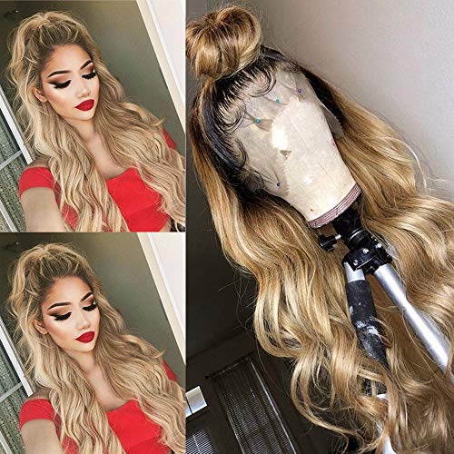 HELENE Ombre Blonde Lace Front Wigs Dark Roots Ombre Golden Hair Natural Body Wave Wig Glueless Long Wavy Synthetic Wig for Women Elastic Straps Comfortable Adjustable 2 Tone Heat Resistant 24 inches