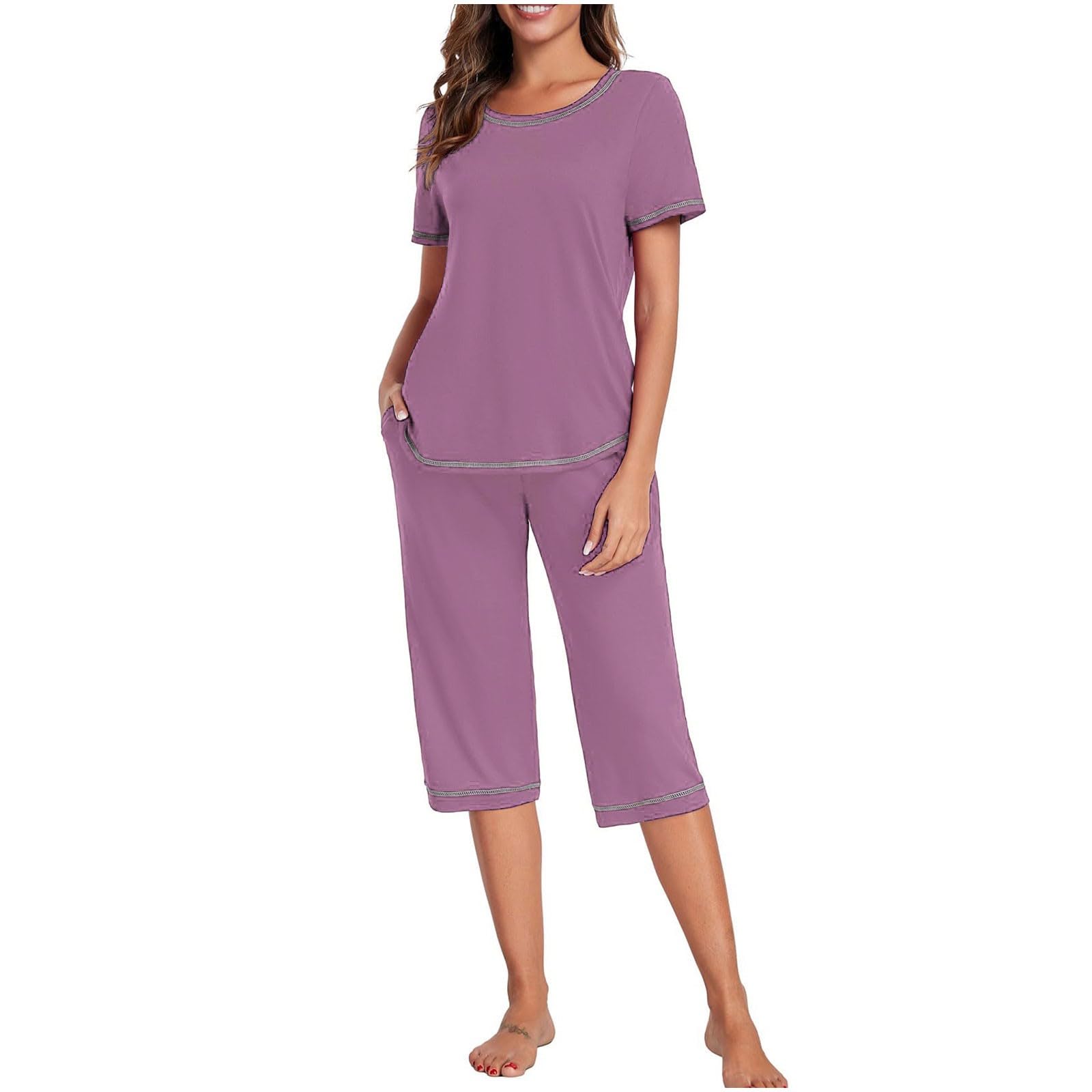 NUSGEAR 2024 Conjunto Dos Piezas Mujer Casual Pijama Camiseta Manga Corta y Pantalones Corto Short Verano Deportivo Traje Suelto Moda Cómodo Conjunto Casa Color sólido Chandal Ligera