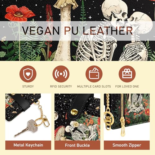 Image of Jogjam Mushroom Skull Rfid Ladies Wallet, Small Slim Thin Compact Credit Card Women Wallet, Skeleton Goth Horror PU Leather Bifold Zipper Coin Pocket for Female