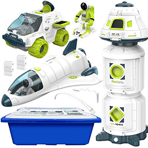 4-in-1 Space Toy Set: Space Shuttle, Space Capsule, Space Rover, Space Station, 3 Astronauts Figure, and Multi-Purpose Storage Bin, Spaceship Rocket Toys for Any Interstellar Mission Adventure