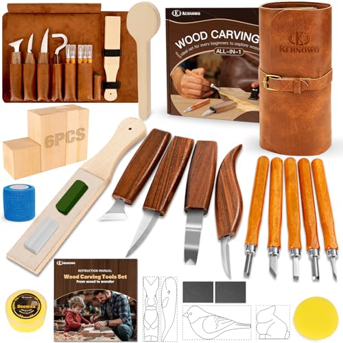 Holzschnitz-Set, 32-teiliges Holzschnitzwerkzeug-Set mit Aufbewahrungstasche, Holzschnitzmesser-Set mit 4 Schablonen & 11 Holzschnitzmessern für Holzbastelanfänger