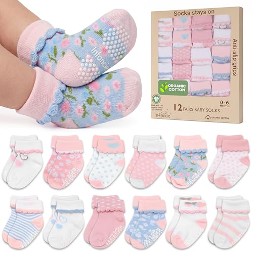 GOTS Certified Organic Cotton Rich Blend Baby Socks 12 Pairs For 0 - 6 (M) Baby Girl Soft, Stretchable & Comfortable Girl newborn Socks, Adorable Sock Shoes For Baby Girl, Gift For Little, Pink