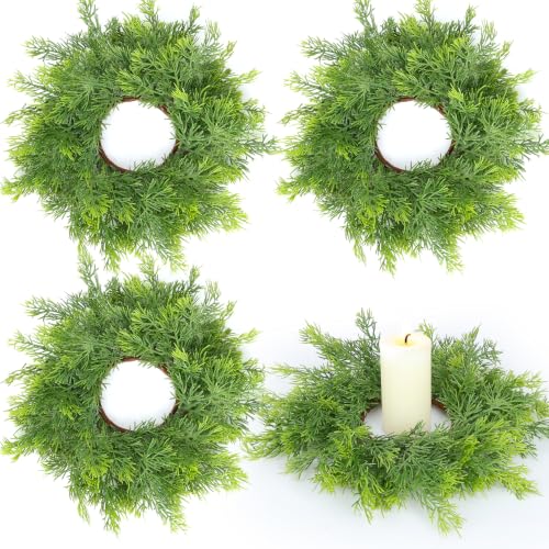 Image of 4 PCS Christmas Candle Rings Wreath Artificial Green Norfolk Cedar Mini Candle Ring Holder Small Wreaths for Xmas Cabinets Kitchen Windows Home Wedding Table Centerpiece Door Window Chair Wall