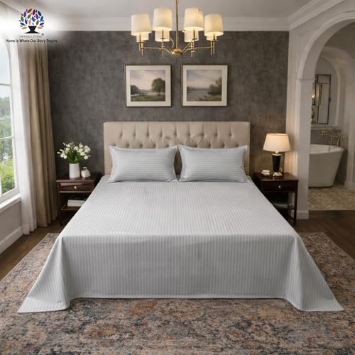 Image of Dream Living Stripe King Bedsheet with 2 Pillow Covers | 120 GSM | 275x275 Cm | Grey