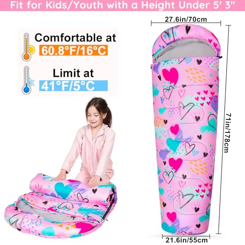 Image of FIOBEE Kids Sleeping Bag 3 Season Camping Sleeping Bags for Girls Toddler | Warm & Cool Weather 41℉ - 60.8℉, Girls Sleeping Bag with Backpacking, Machine Washable, For Traveling Hiking Indoor Outdoor