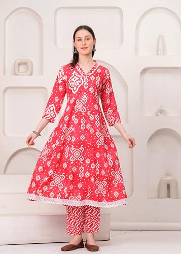 Image of Ethnic Villa Traditional Red Floral Anarkali Suit with Dupatta, Long Sleeve Cotton Dress Set, Printed Kurta Palazzo with Dupatta Set (Pack of 1)
