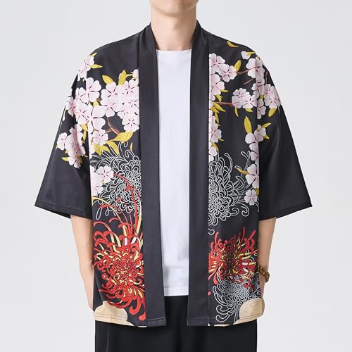 Image of Men's Japanese Kimono Robe Jacket Lightweight 3 /4 Sleeve Open Front Yukata | Silky Smooth Fashion Print Happi Coat Lightweight Breathable Loose Unisex Haori Casual Summer Cardigan Daily Beach Vacation
