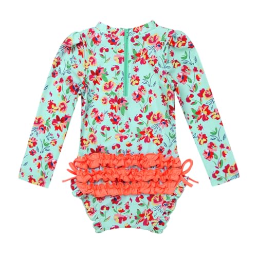 Image of Infant Baby Girls Swimsuit One Piece Swimwear Long Sleeves Floral Printed Ruffled Rashguard Zipper Bathing Suit
