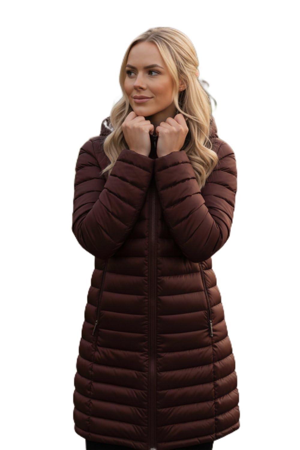 Roman Women Padded Longline Coat with Hood - Ladies Zip Through Autumn Winter Long Length Lightweight Quilted Warm Cosy Everyday Zip Up Casual Jackets Coats - Chocolate - Size 20