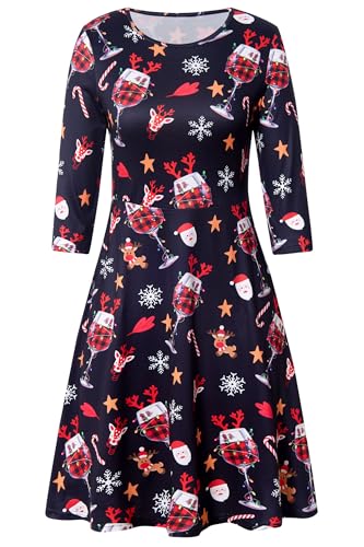 AIDEAONE Damen Weihnachten Kleid Kostüm Langarm Midi Weihnachtskleider Lustig Lebkuchenmann Druck,L