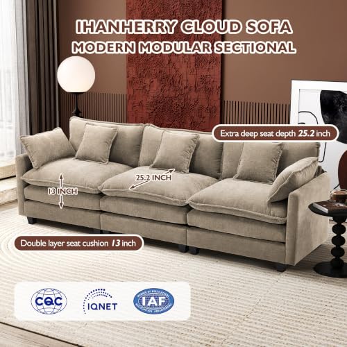 Image of Ihanherry 111.4 Inch 3-Seater Cloud Sofa, Modular Sectional Couch, Modern Deep Seat Sofa for Living Room, Comfy Double Layer Upholstered Seat Cushion, Breathable Chenille Fabric,Sand