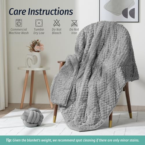 Wemore Fleece Weighted Blanket for Adults (48" x 72" 15lbs, Grey), Dual Sided Cozy Soft Sherpa Heavy Blanket, 3D Imitation Turtle Shell Warm Jacquard Flannel Weighted Blankets for Couch and Bed