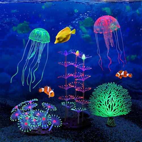 Image of Lpraer 5 Packs Glow Aquarium Decorations Branch Coral Tree Glowing Jellyfish Simulation Glow Plant Glowing Effect Silicone for Fish Tank Decorations