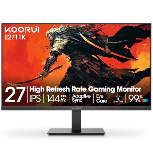 KOORUI Monitor, 27 Inch Gaming Office Monitor, Eye-Care IPS FHD 1080P 144Hz Computer Screen with HDMI VGA, Slim Bezels, Freesync, Ergonomic Tilt, VESA Mountable, Black