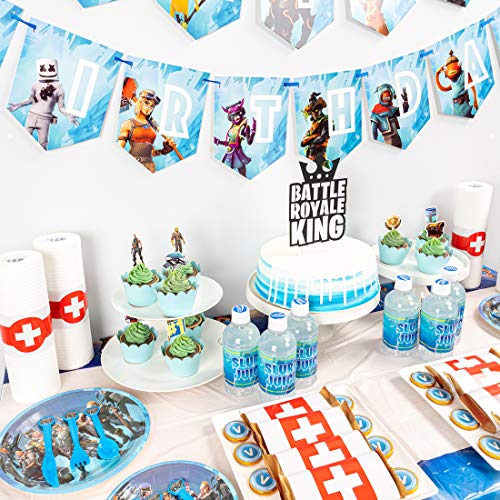 DMIGHT Mega Birthday Party Decorations,Video Game Party Supplies,172pcs Gaming Theme party favors, include Flatware Set,Plates,Table Cover, Cake Toppers, Balloons, Button Pins, Chocolate Stickers and Bottle Labels - Thumbnail 5