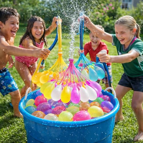 Image of Rozi Decoration Happy Holi Quick Fill Water Balloons Set with Hose Adapter | Self Sealing Water Balloons for Kids Outdoor Water Play | Pack of 3 Bunches (Approx. 111 Balloons) Holi Decoration Items