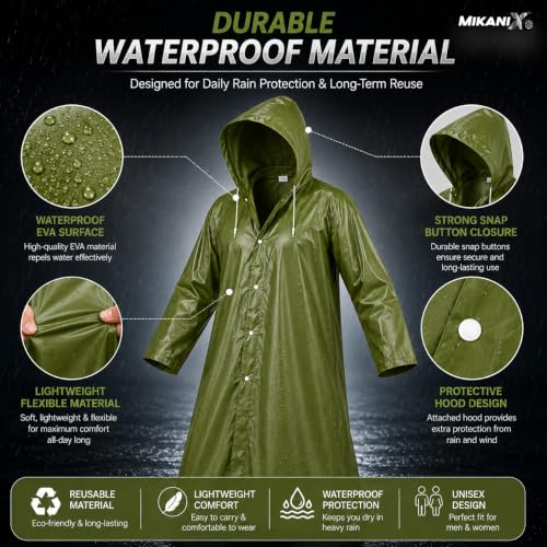 Image of MIKANIX Waterproof Hooded Raincoat for Men & Women | Full Length Reusable PVC Rain Wear | Lightweight Windproof Rain Jacket with Front Button Closure (Pack of 1)