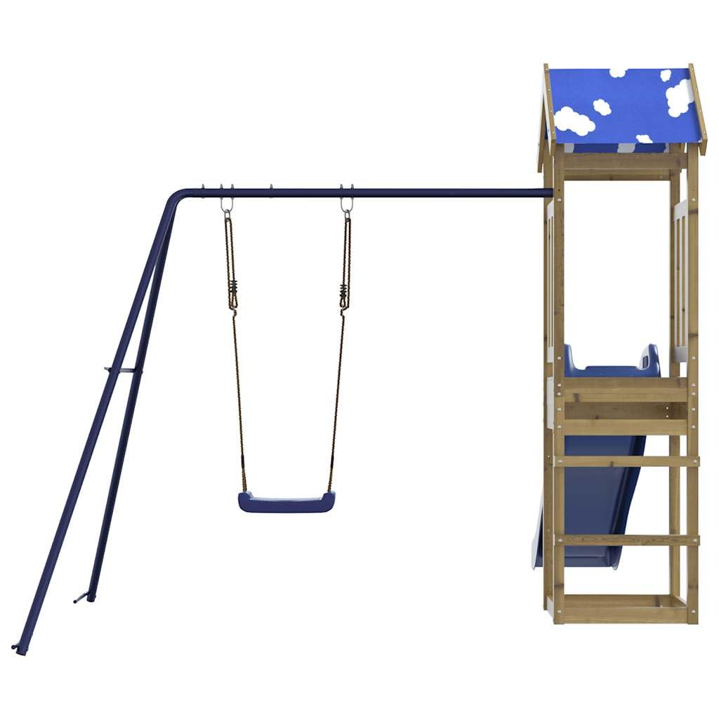 Torre da gioco in legno di pino impregnato con altalena, scivolo ondulato, sabbiera e struttura da arrampicata per bambini in giardino, stabile casetta per esterni con sedile, corda e trapezio
