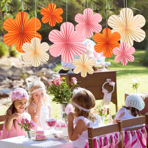 Image of SUNBEAUTY Paper Flowers Decorations Pink and Orange for Wall Paper Fans Classroom Decoration Paper Floral Backdrop Decor Paper Fans Decor Hanging Paper Fans Orange Flower Wall Decor Set of 9