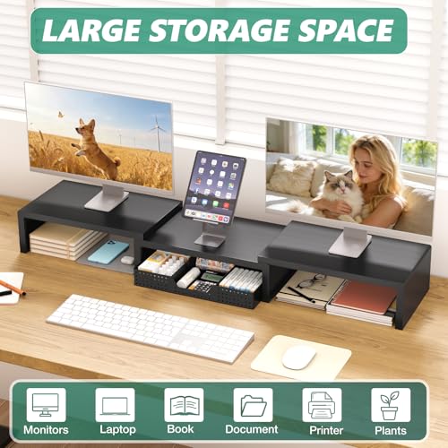 Image of OPNICE Dual Computer Monitor Stand Riser, Desk Organizer with Drawer, Office Desk Accessories & Workspace Organizers for Home Office Supplies, Black