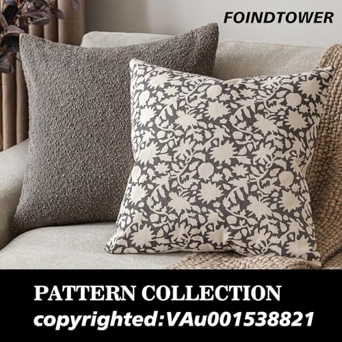 Image of Foindtower Set of 2 Decorative Neutral Floral Throw Pillow Covers Accent Farmhouse Cushion Covers Boho Vintage Pillowcase for Couch Sofa Bedroom Living Room Home Decor,18x18 Inch,Rustic Gray