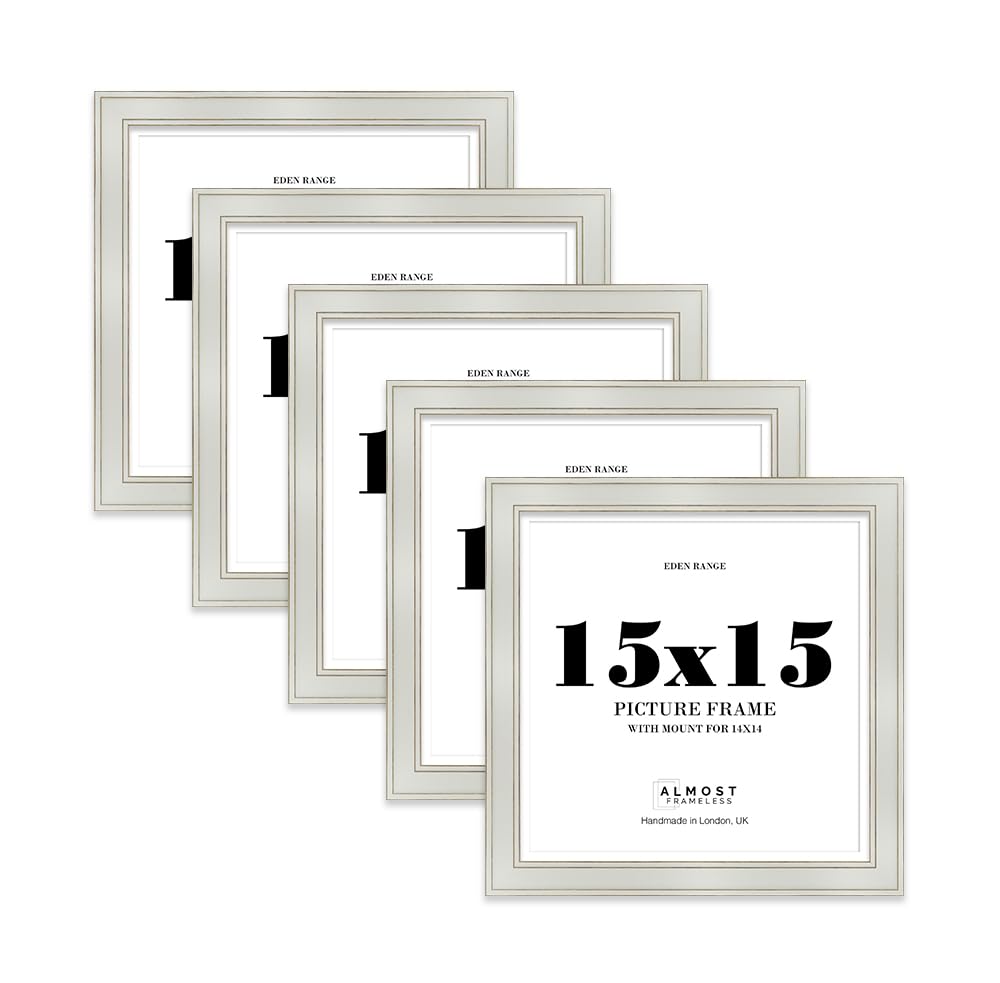 15x15" Light Grey Square Picture Frame with 14x14" Mount - Shabby Chic Photo Frame with Distressed Finish, Gold Trim, Wall Hooks, 37mm Edge - 5 Pack