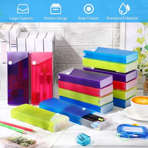 Image of Watersay 24 Pcs Slider Pencil Case Bulk for Classroom Clear Plastic Pencil Box with Pull out Drawer Snap Closure Storage Box Translucent Crayon Boxes Back to School Organizer (Mixing Colors)