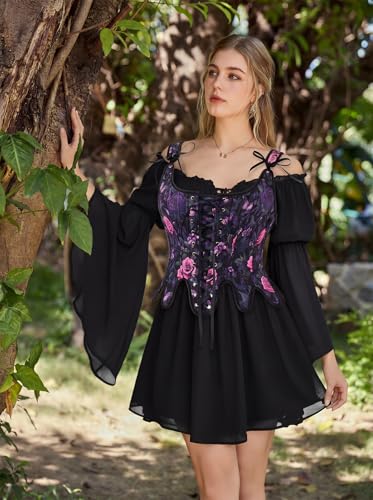 Image of Scarlet Darkness Corset Tops for Women Floral Renaissance Bustier Bodice | Ideal for Halloween, Ren Faire, Theme Party; Overbust, Adjustable Straps, Lace Up, Irregular Hem, Zip Closure, Hand Wash