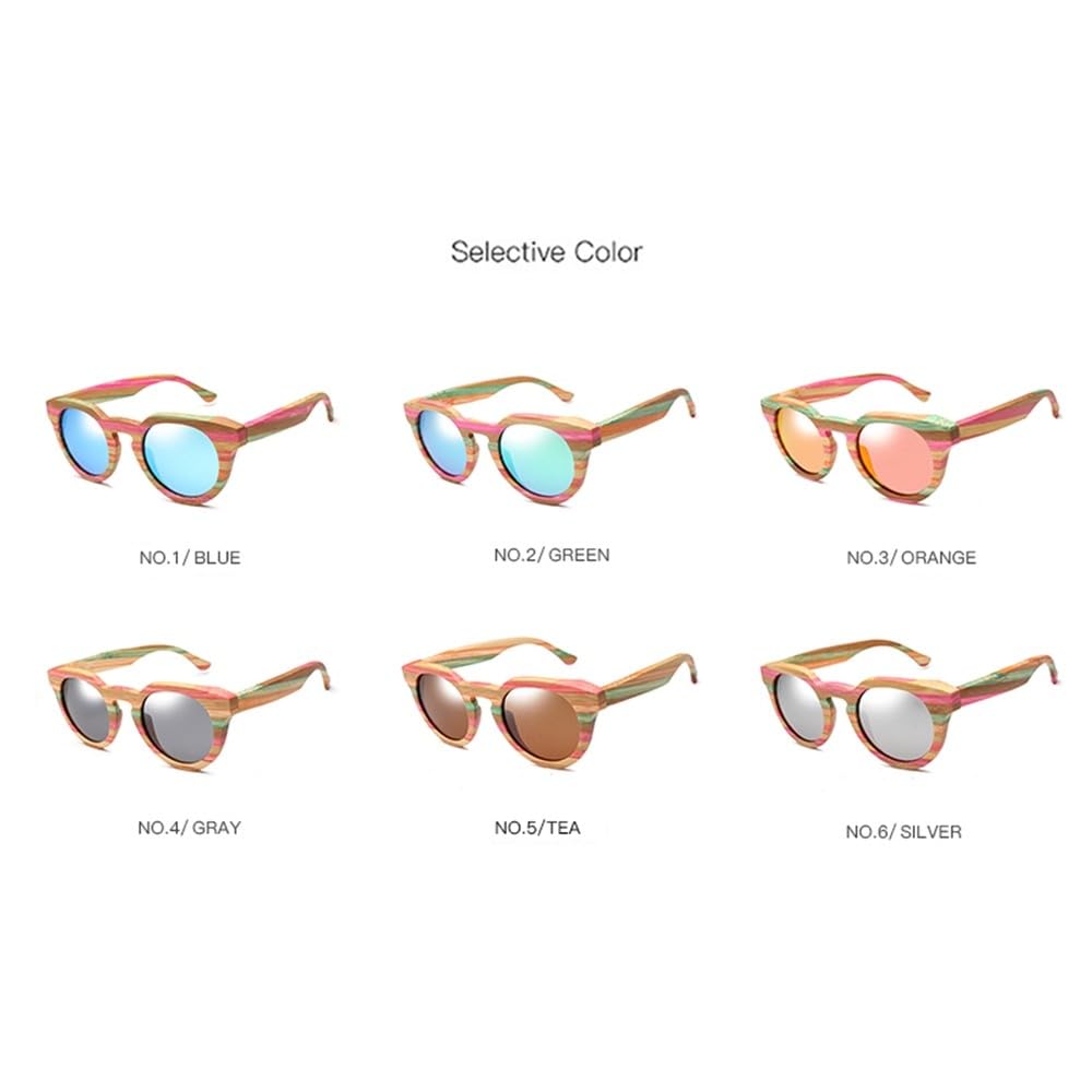 Gafas de sol redondas de madera y bambú con lentes polarizadas iridiscentes y protección UV400