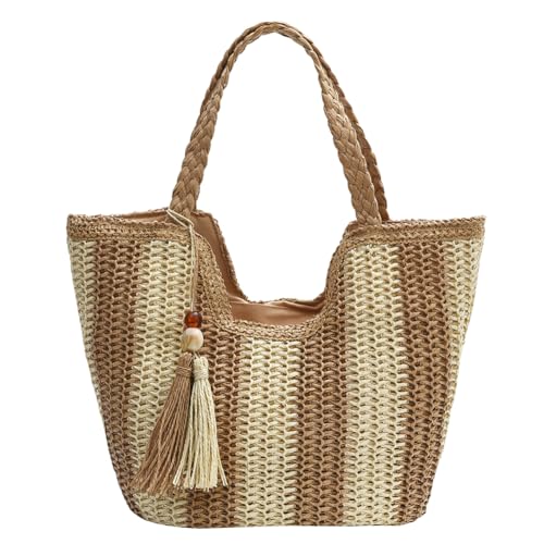 UKETO Bolsa de playa de paja a rayas grande tejida con borla para mujer, trabajo, viajes, vacaciones (caqui), Khaki, 470.00x280.00x150.00mm