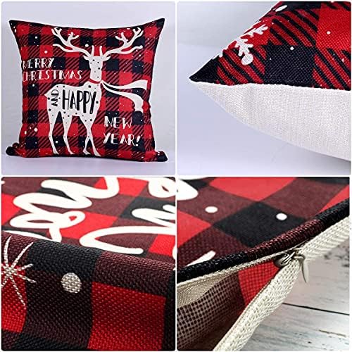 Christmas Cushions Covers Set of 4 Red Black, Christmas Decorations, Plaid Linen Throw Pillow Covers, Xmas Cushion Covers for Sofa Couch Home Living Room Decorations, Xmas New Year Gift, 18*18inch