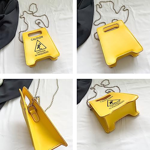 PU Creative Warning Sign Shoulder Crossbody Bag, Funny Caution Stop Sign Catwalk In Progress, Hop Metal Chain Storage Purse4