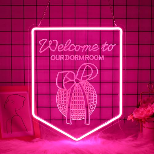 Image of Neon Sign Welcome To Our Dorm Room, JGHTURIE Bow Neon Signs for Wall Decor Art Carving Design Pink Light up Preppy Girls Room Decor for Club Party Event Decoration USB Powered