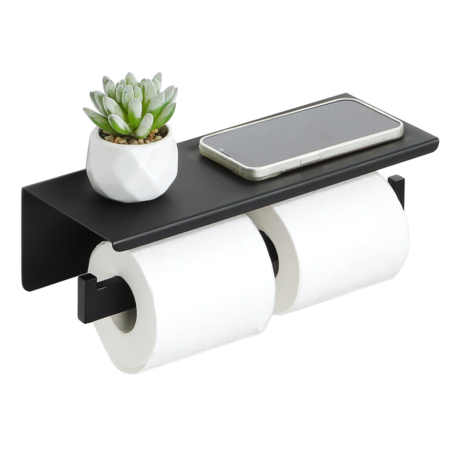 Alise GYT5002-B - Portarrollos de papel higiénico doble para baño con estante, dos instalación de autoadhesivo y perforación de pared, acabado negro mate