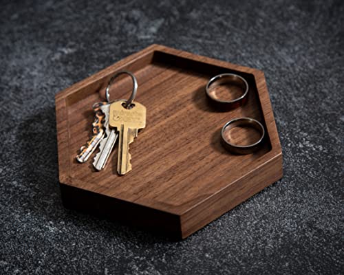 Muujee Hexagon Ring Dish - Small Wood Tray Wooden Jewelry Trinket Dish Wedding Anniversary Birthday Gift Ideas - 5.5" X 5" #TOP5