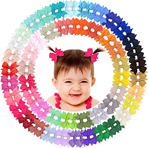 ALinmo Baby Hair Clips 100Pcs 2" Baby Girls Fully Lined Baby Bows Tiny Hair Bows Alligator Clips for Baby Girls Infants Toddlers in Pairs