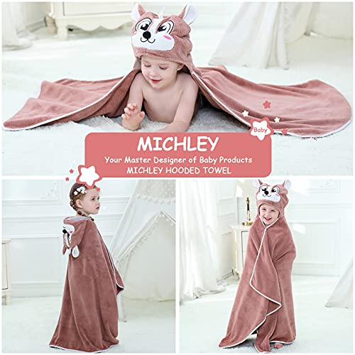 Image of MICHLEY Unisex Hooded Baby Towel Soft Absorbent Washcloths Cartoon Beach Swimming Bathrobe 27.5 inch x 47 inch for 0-7T Toddler(Coffee)