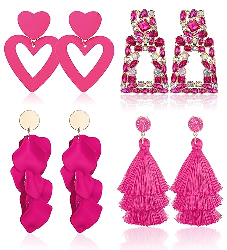 Subiceto 4 Pairs Clip Earrings for Women Hot Pink Heart Dangle Drop Earrings Rhinestone Geometric Statement Earrings Long Rose PetalTassel Earring Non Piercing Earrings Set