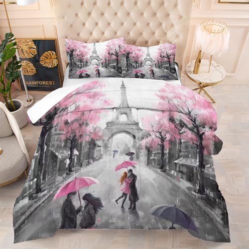 EDGZKO Paris Bedroom Comforter Set: Queen Size Eiffel Tower Bedding Sets Pink and Grey French Style Romantic Quilts Soft Bed Set for Teen Girls Women 1 Comforter & 2 Pillowcases