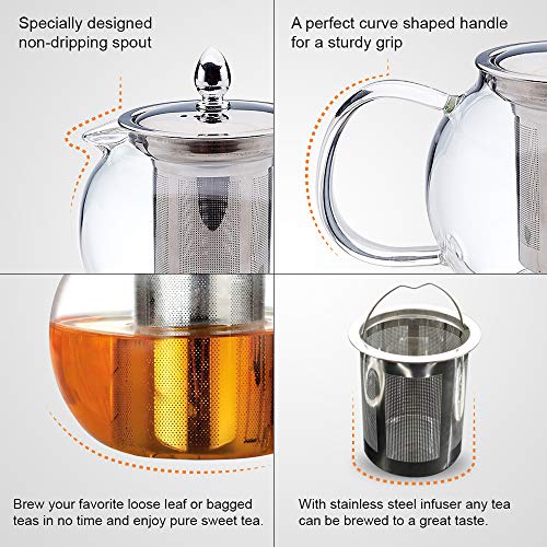 Glas Theepot Infuser 600 ml borosilicaat 304 Roestvrij staal Deksel, doorzichtige theepot zetgroep en los blad Theepot… - Image 6