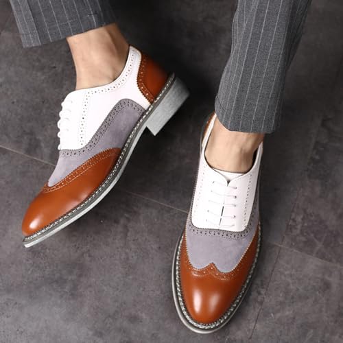 Image of Men's Leather lace-up Brogues Dress Oxford Shoes Classic Wingtip Two Tone Derby Gatsby Prom Shoes Fashion Round Toe Business Formal Leather Shoes