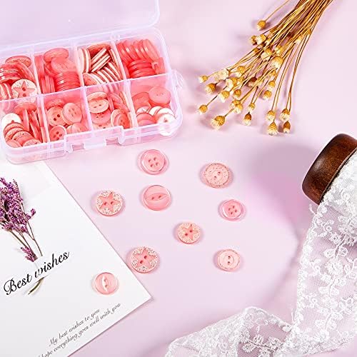 120 Pieces Glitter Button Set 2 Holes 4-Hole Resin Button for Crafting Sewing Replacement Knitting Baby and Kids Cardigans Handmade Crafts, 4 Styles, 2 Sizes (Pink)
