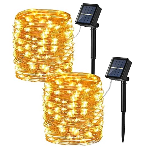 Brizled Solar String Lights, 2 Pack 39.37ft 120 LED Solar Fairy Lights, 8 Modes Outdoor Solar Fairy Lights String with Memory, Waterproof Solar Twinkle Lights for Christmas Garden Party, Warm White