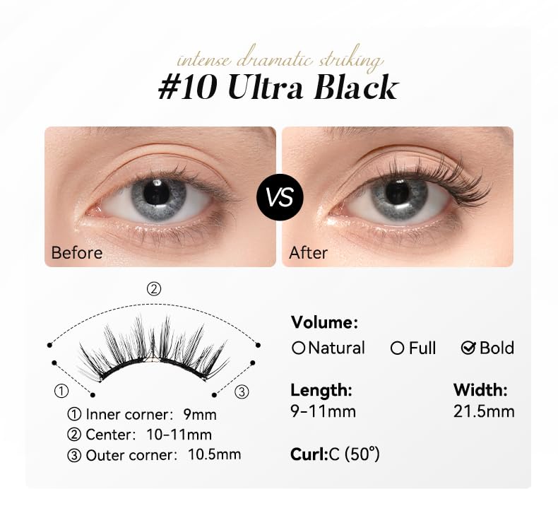 WOSADO Magnetic Eyelashes with Applicator Kit, No.10 Ultra Black 21.5mm, Reusable Glue-free Wispy Magnetic Lashes, Cruelty-free False Lashes, Waterproof, Lightweight, Suit for Heavy Makeup
