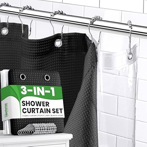 NEATERIZE 3 in 1 Shower Curtain Set - 72x72 Black Shower Curtain Fabric and Shower Curtain Liner with Rust-Resistant Metal Hooks - Bathroom Shower Curtain Sets - Cortinas de Baño Cover