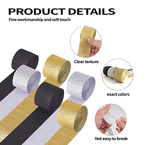 Crepe Paper Streamers 6 Rolls 492Ft,Pack Of 2 Gold, 2 Silver, 2 Black - Streamers Party Decorations Streamers(25M/82Ft),For Party Decorations Birthday Decorations, Wedding Decorations #TOP2