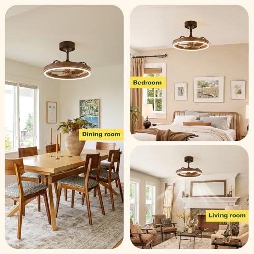 Image of Farmhouse Fandelier Retro Ceiling Fan with Light, 20 inch Rustic Brown Dimmable LED Chandelier Ceiling Fans, Low Profile Smart Bladeless Ceiling Fan Lights 6 Speeds for Bedroom, Living Room